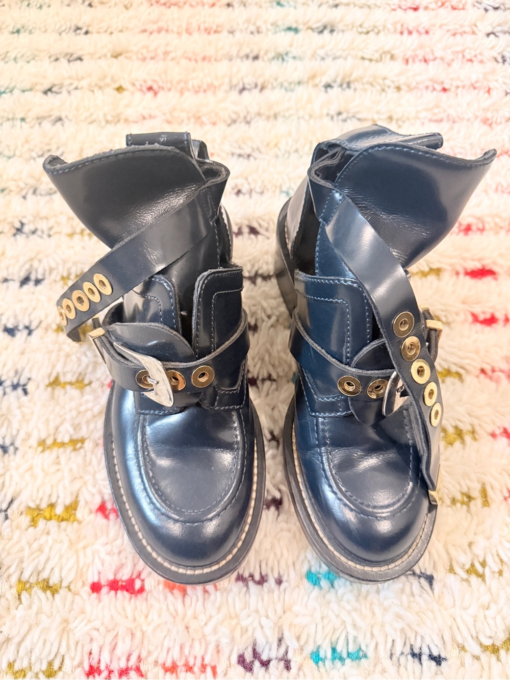 Balenciaga Navy Blue Leather Combat Boots with Buckle Hardware - RARE deep blue